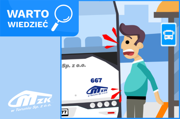 Kampania edukacyjna MZK w Toruniu - grafika trzymaj bezpieczny dystans od nadjeżdżającego pojazdu